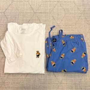 Polo by Ralph Lauren Men's Pajama Set - White and Blue with Bear Design